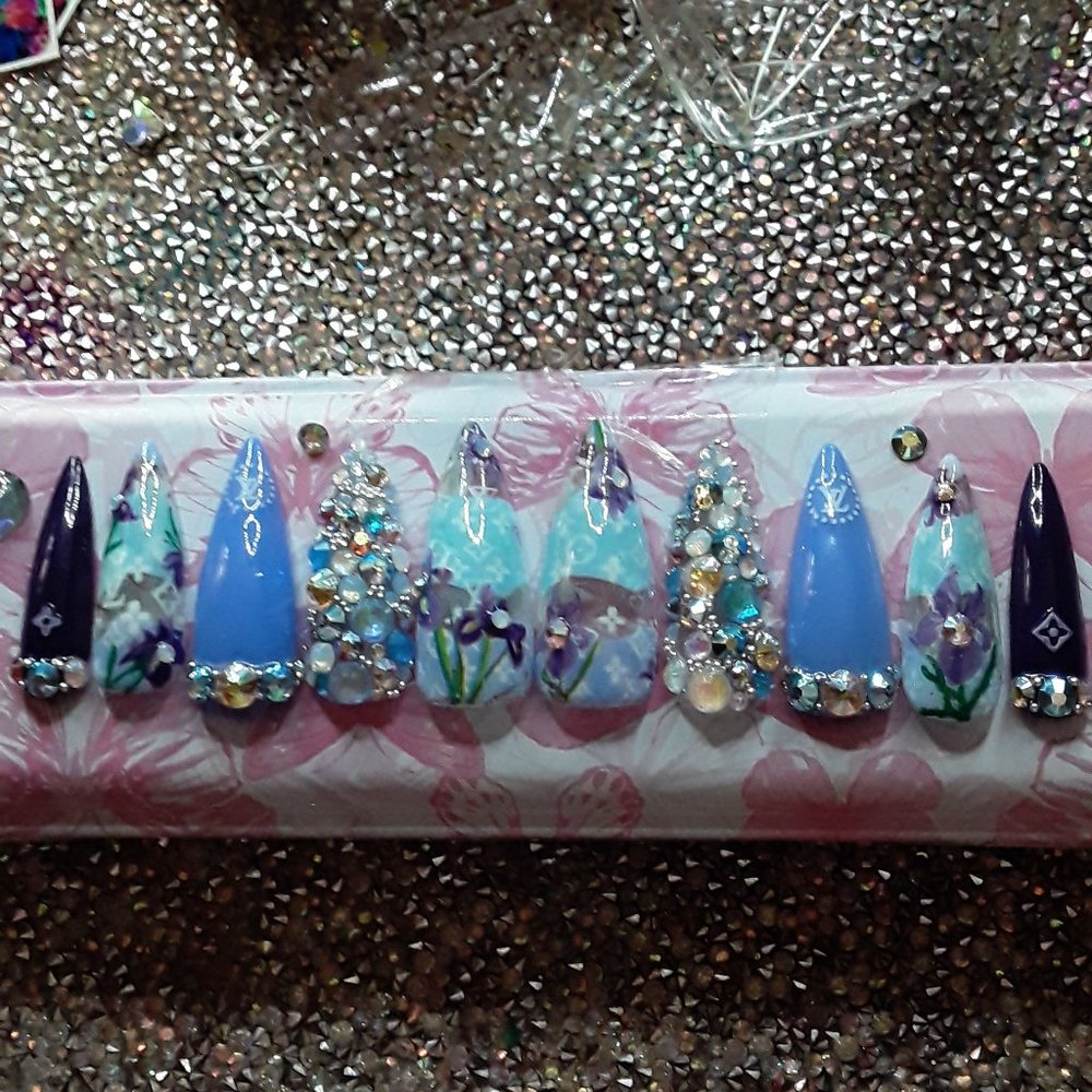 Handmade Hard Gel XL Stiletto "Louie Vuitton" Theme Luxury & Floral Style Press